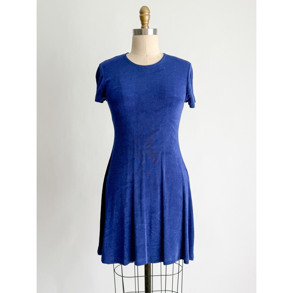 Marian & Maral Skater Dress Vintage Glitter Knit S Royal Blue Short Sleeve USA
